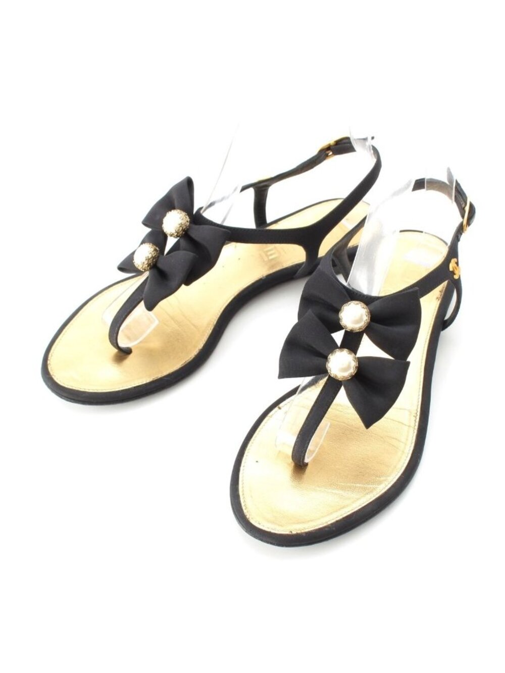 Chanel Pearl CC Logo Ribbon Sandals Black Gold 36 1 2C